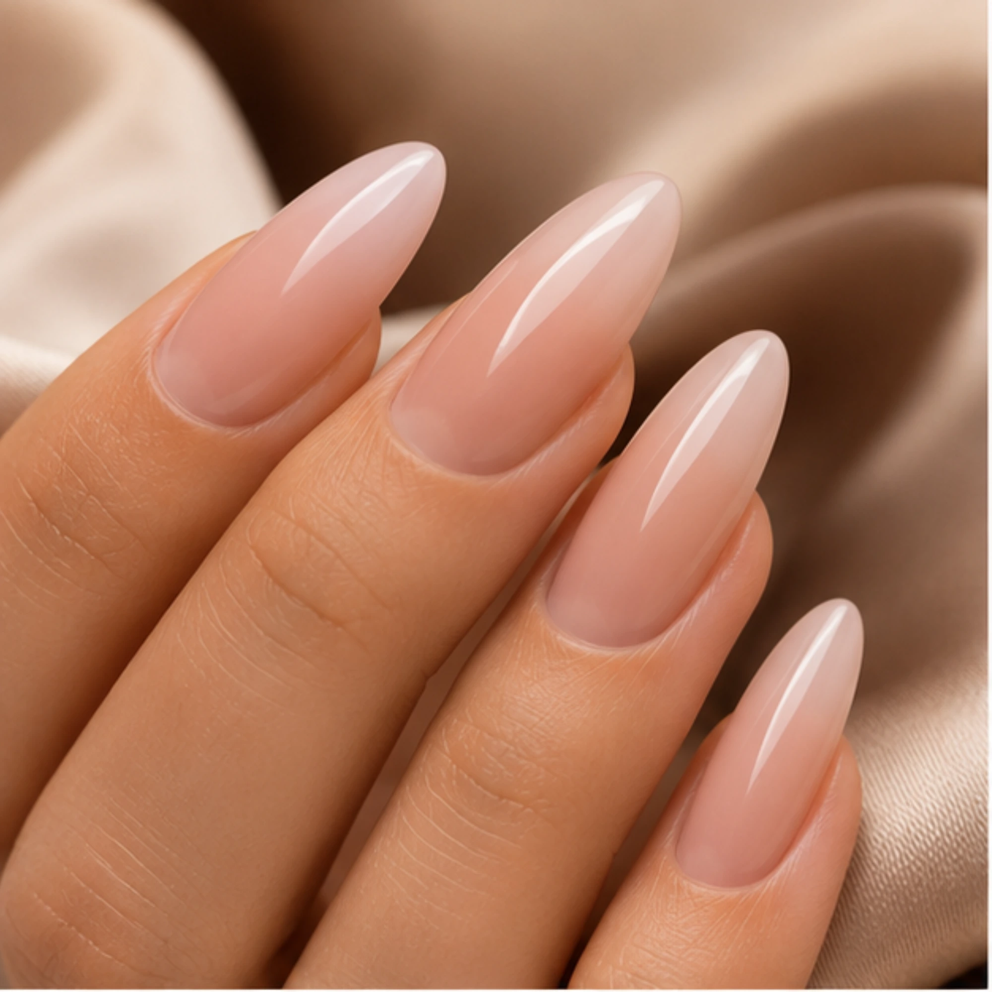 Long almond gel nail extensions with a milky finish