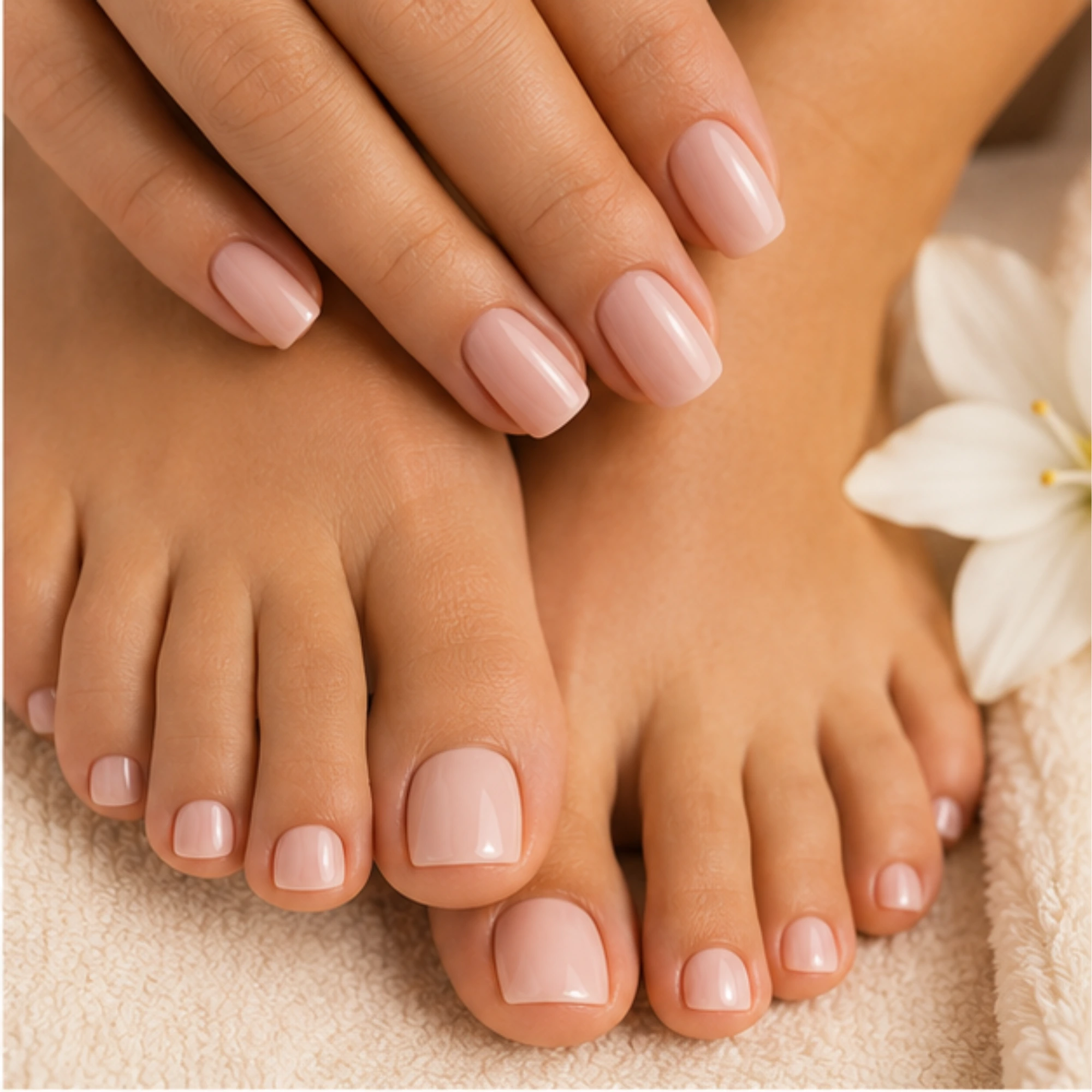 Shellac manicure and pedicure in a soft nude shade